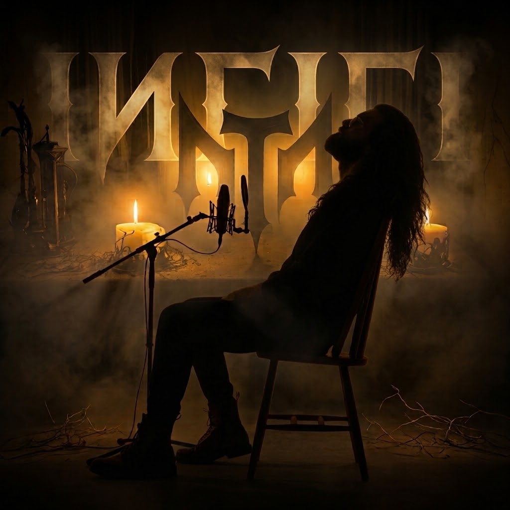 INTITI in silhouette in a candle-lit studio beside a microphone